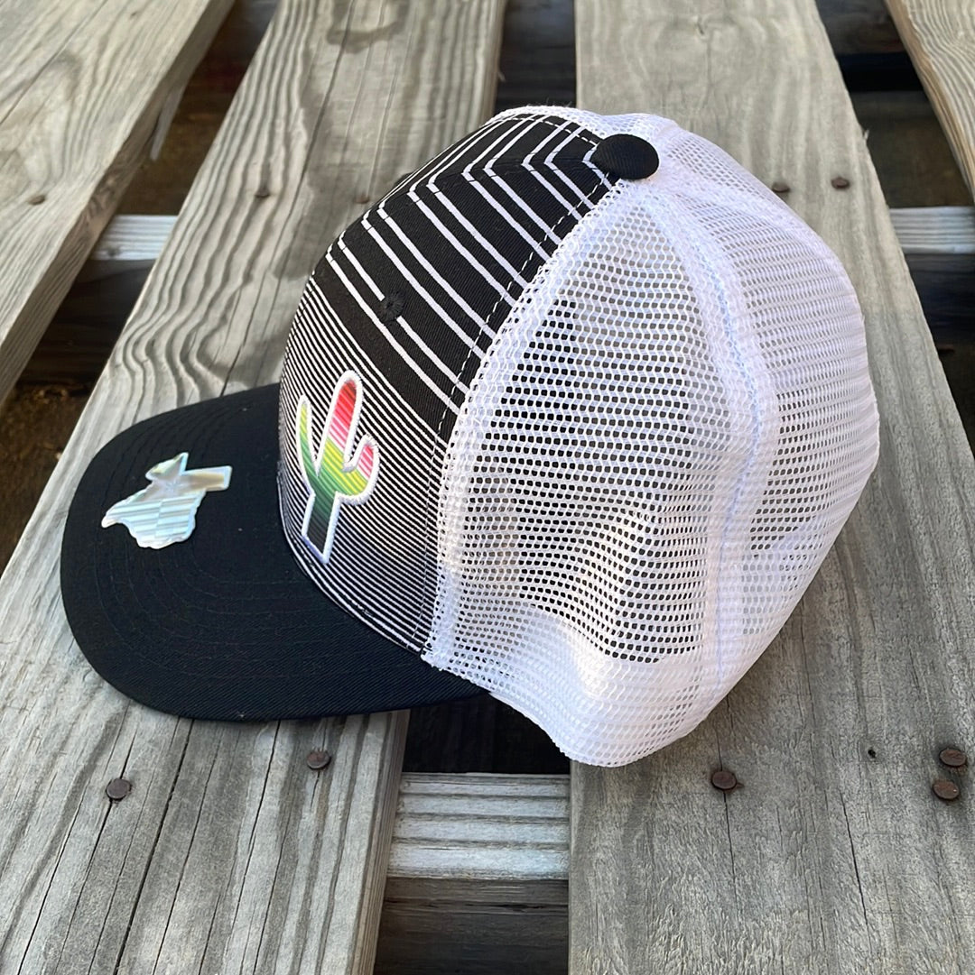 Black and White striped trucker cap with a Serape cactus patch, solid Black bill, and White mesh back. Side View 