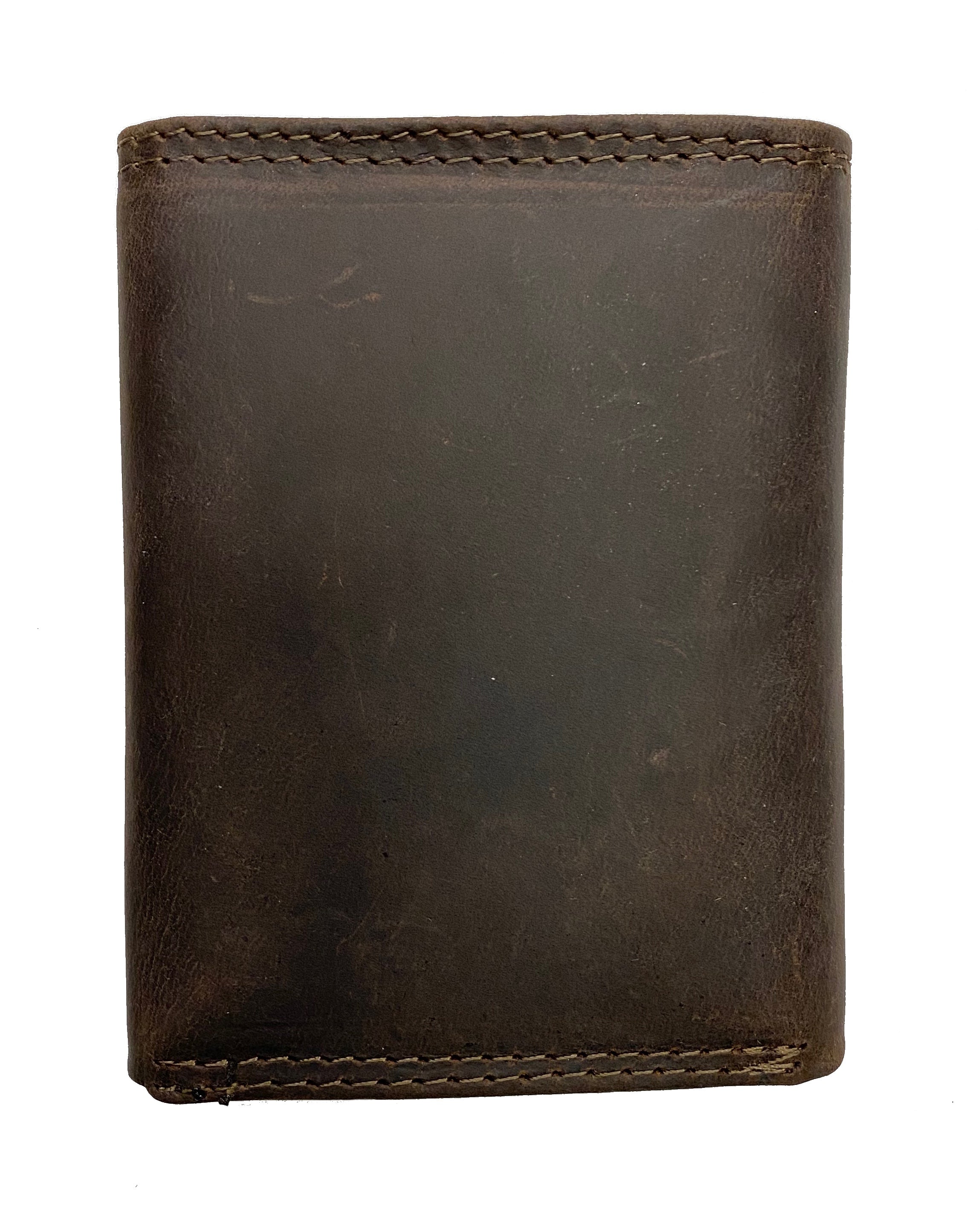 Zep-Pro University of Florida Gators Brown “Crazy Horse” Leather Trifold Wallet (closed). Back view