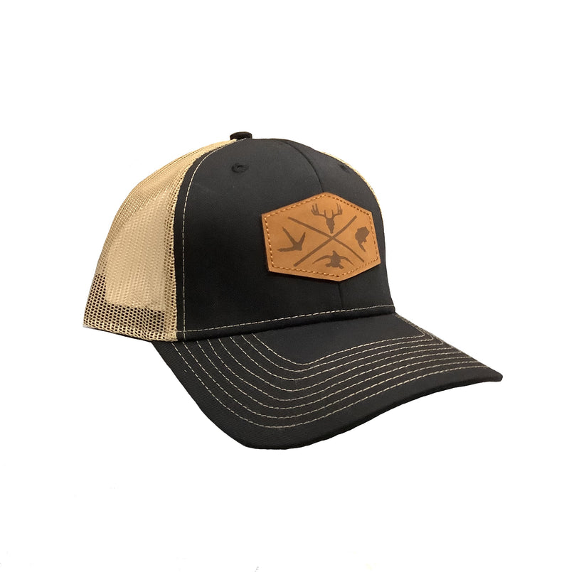 Hunters Logo Leather Patch HW-LOS-BLT Black/ Khaki Snap Back Trucker Cap