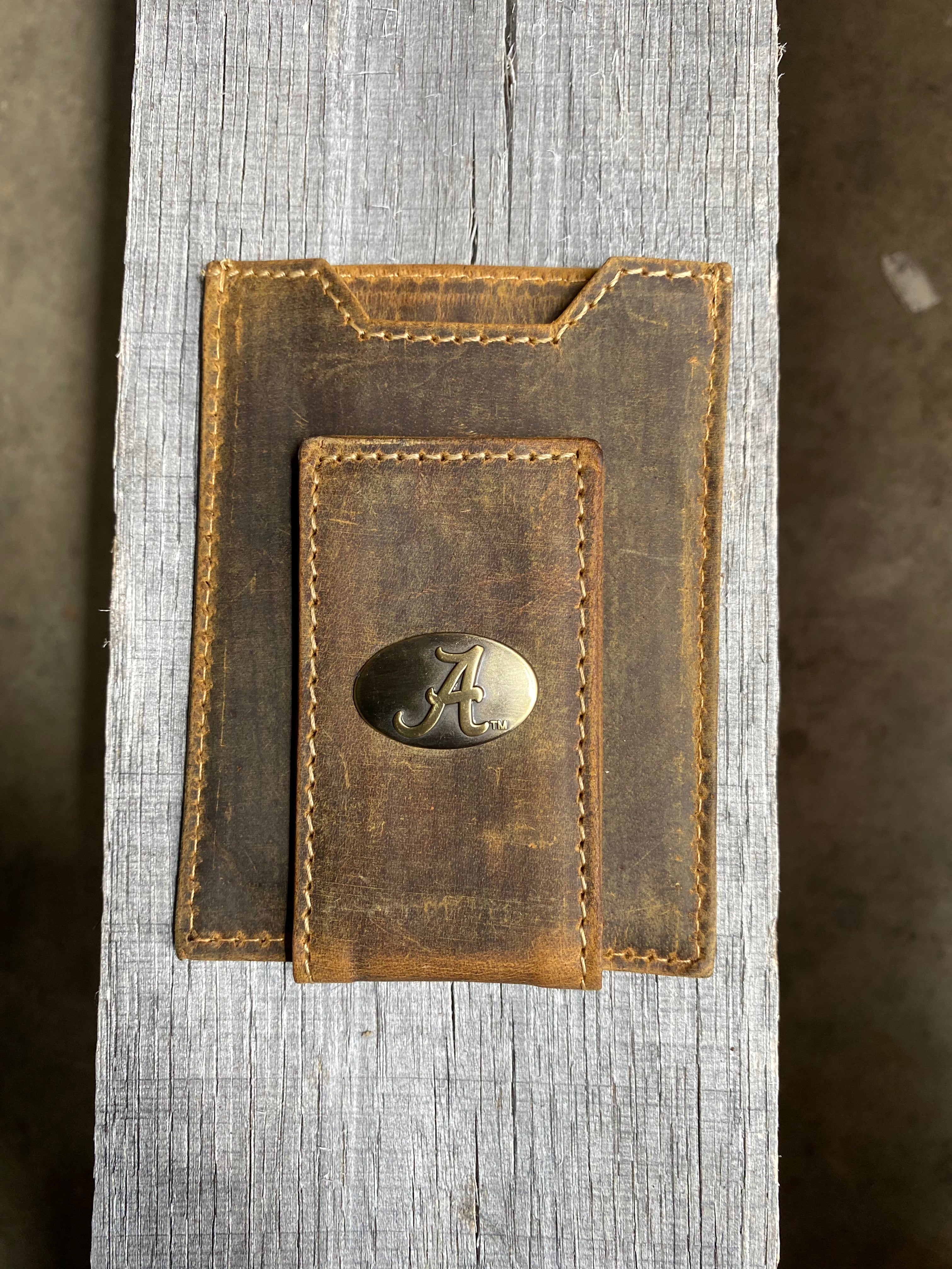 Zep Pro University of Alabama Roll Tide Vintage Tan Leather Front Pocket Wallet. Front view shows Alabama "A" brass concho on cash magnetic closure tab.