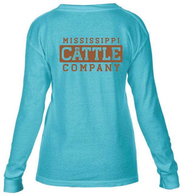 Youth YTHMSCATTLELS-7 Mississippi Cattle Company Lagoon Blue Long Sleeve Comfort Color T-Shirt