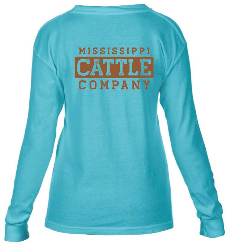 Youth YTHMSCATTLELS-7 Mississippi Cattle Company Lagoon Blue Long Sleeve Comfort Color T-Shirt *CLOSEOUT*