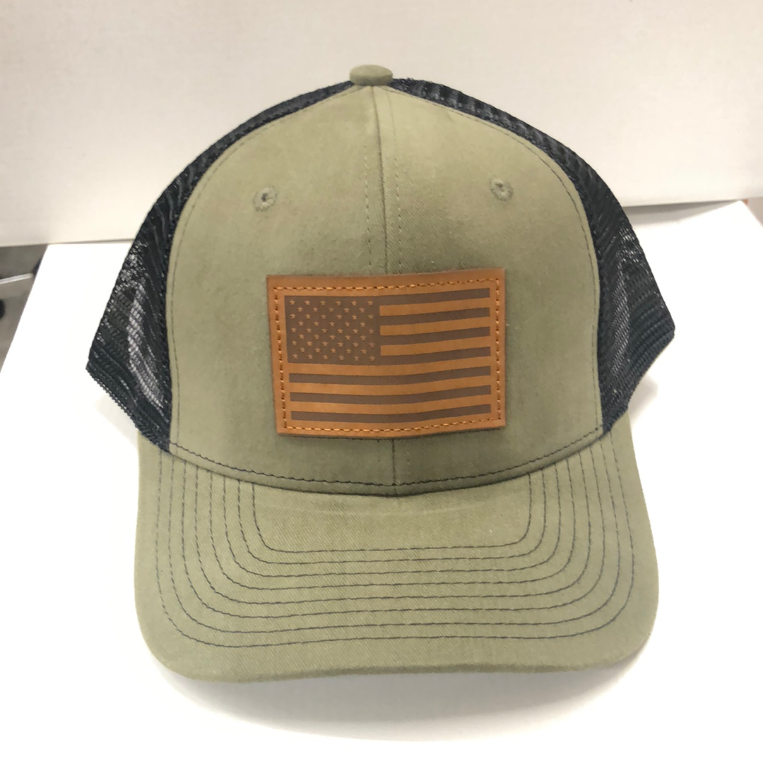 American Flag w/Leather Patch HW-LAF-MBK Moss/Black Snap Back Trucker