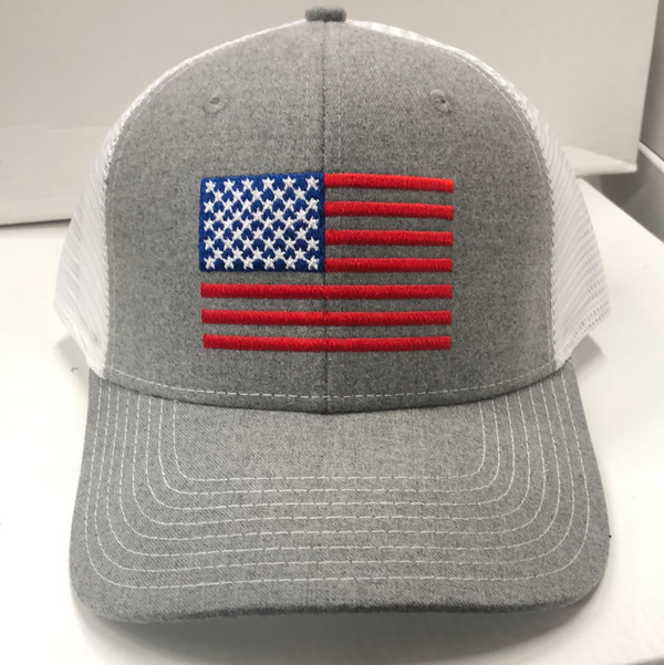 American Flag Embroidered HW-AF-HWH Heather Grey/White Snap Back Trucker Cap