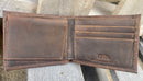 Zep-Pro Auburn University Brown “Crazy Horse” Leather Bi-fold Wallet. inside view showing 3 interior credit card slots
2 interior pockets
1 pullout ID case
1 plastic (6 card insert)
2 bill/cash compartments