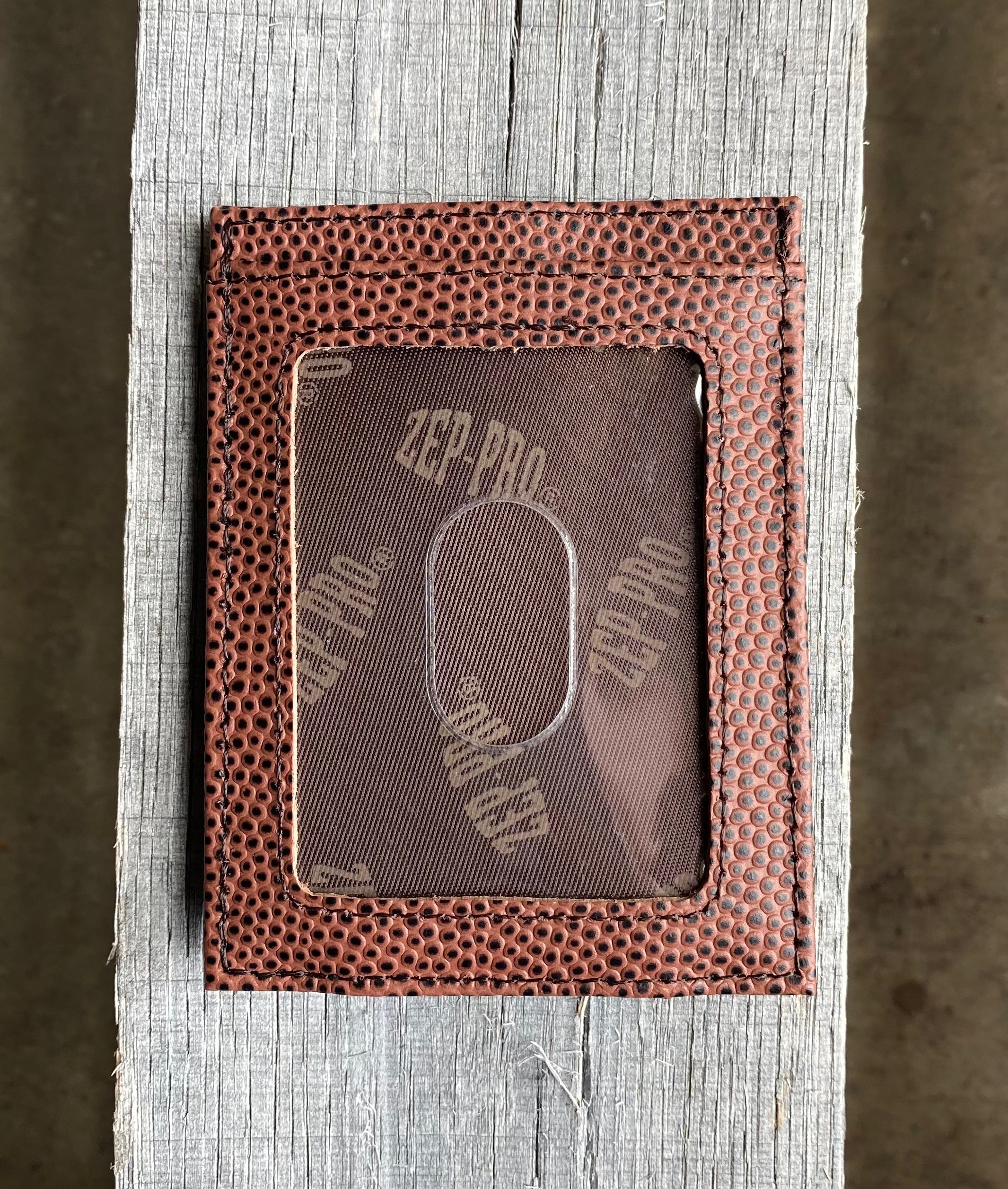 Zep Pro Ole Miss Brown Football Leather Front Pocket Wallet. Back view shows clear ID window.