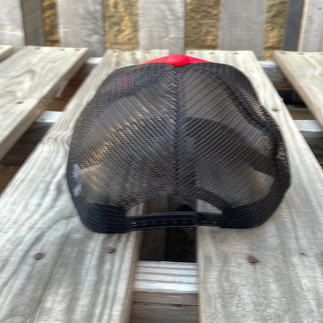Red and Black striped trucker cap with a cactus patch design on the front, it has a solid Red bill and a Black mesh back. Rear View