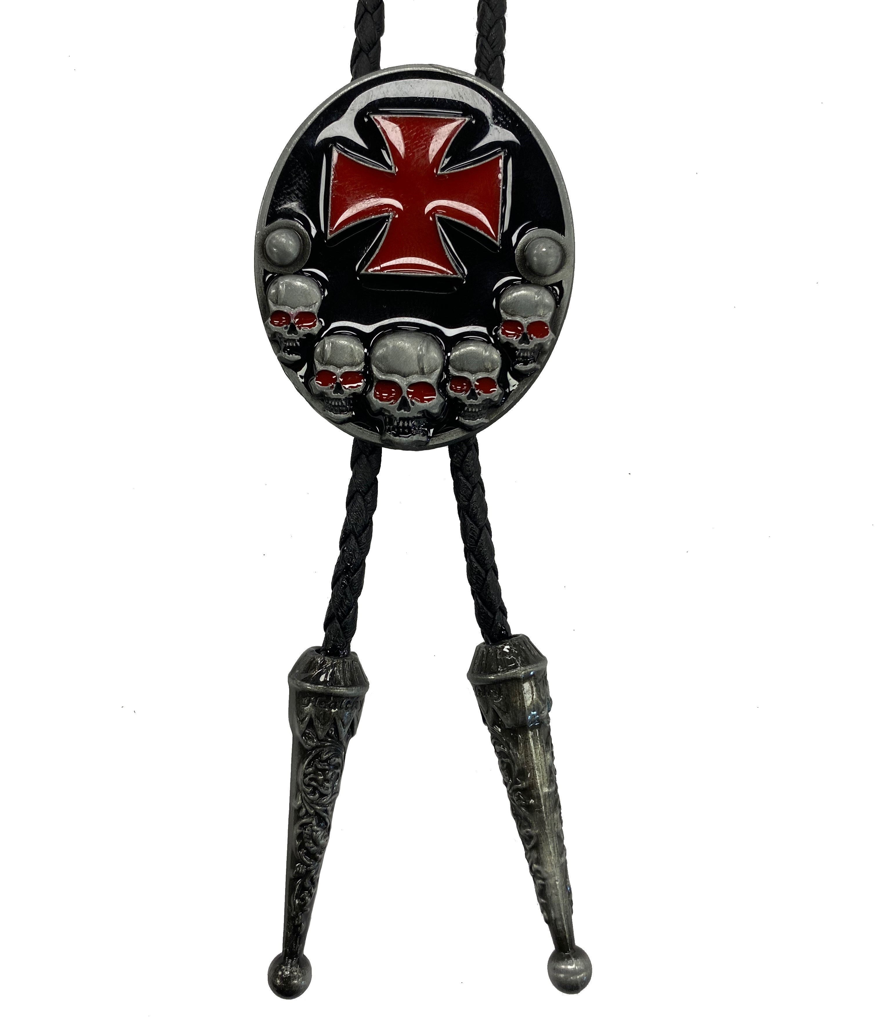 This oval shaped bolo tie features a Red cross and skulls on a black background. Designed to be one-size-fits-most, this bolo tie provides versatility and ease, ensuring it complements every outfit seamlessly.