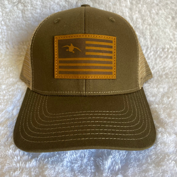 Duck Flag Leather Patch HW-DFP-OB Olive Green/Khaki Snap Back Trucker Cap