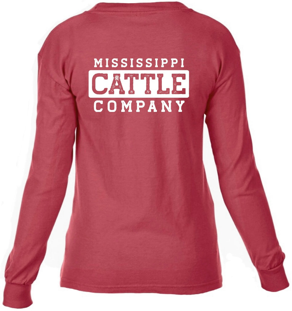 Youth YTHMSCATTLELS-1 Mississippi Cattle Company Crimson Long Sleeve Comfort Color T-Shirt *CLOSEOUT*