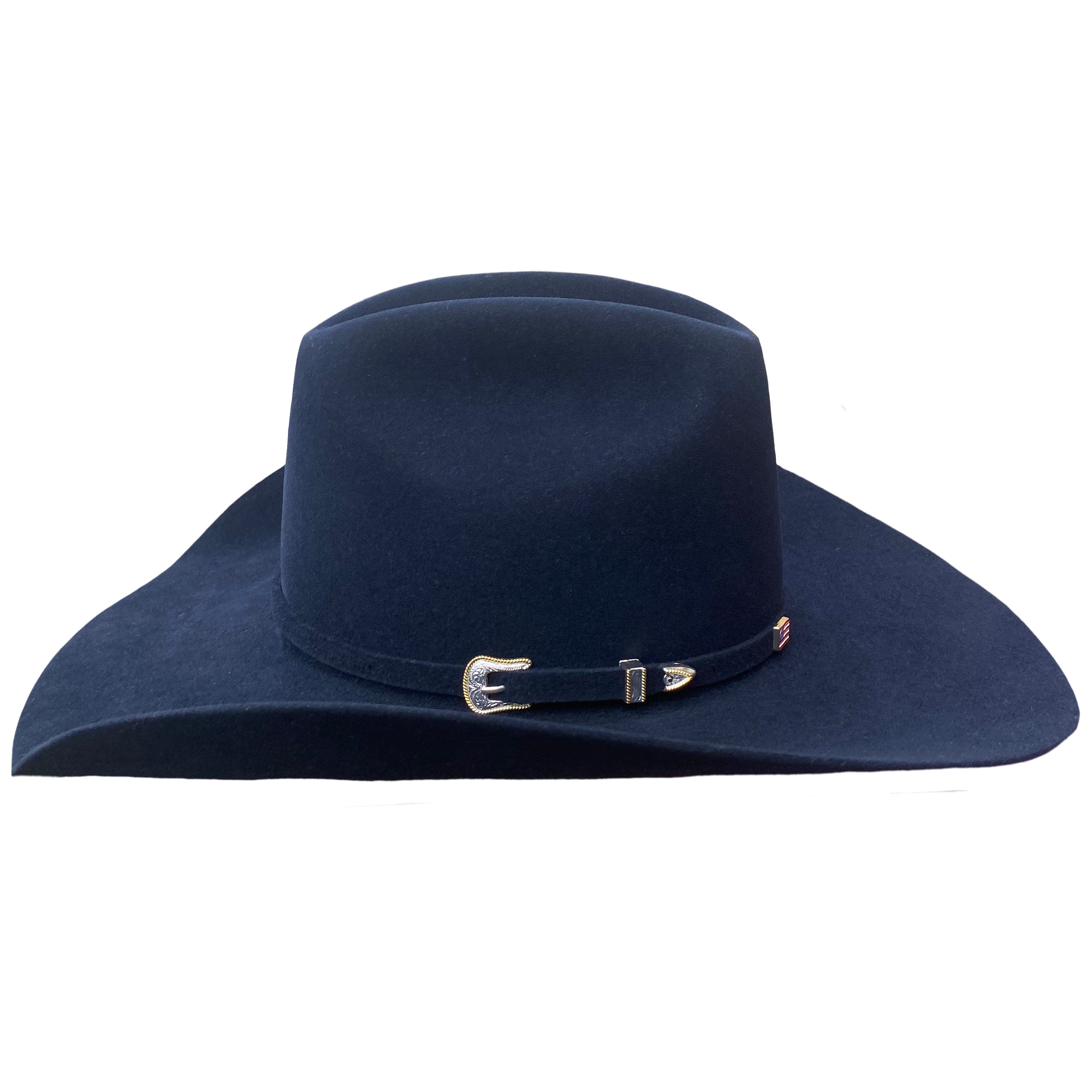 Side view of midnight blue felt cowboy hat. 