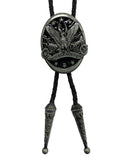 This bolo tie features a Eagle and the wording "Live to Ride Ride to Live". It has a Black braided cord with metal tips.
