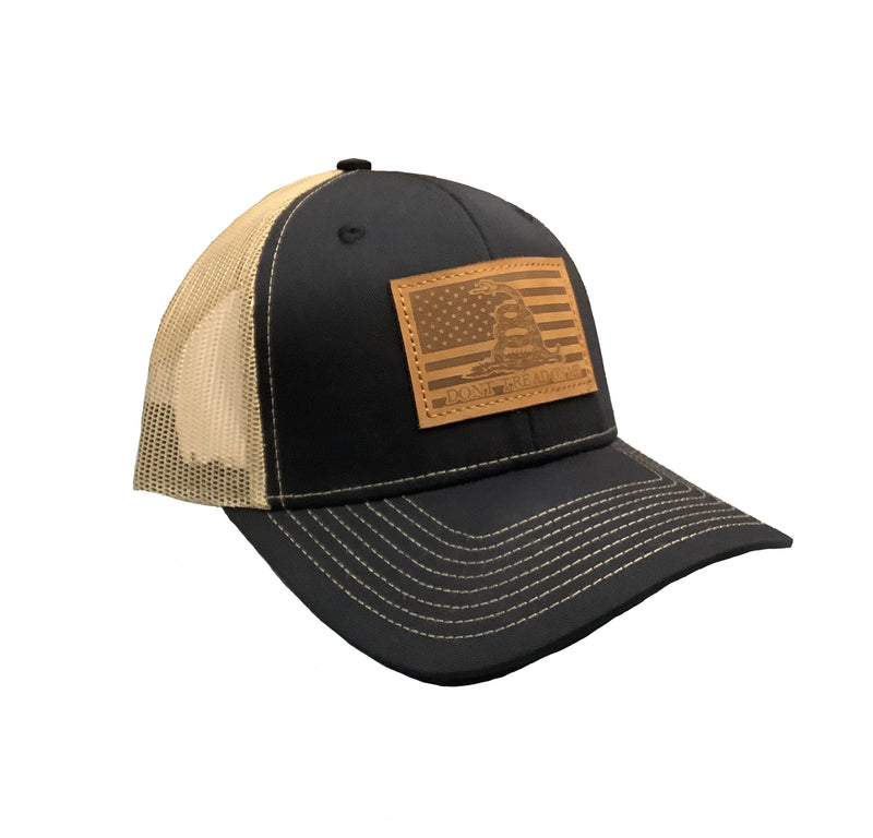 Don't Tread on Me Leather Patch HW-LDTM-BLT Black/Khaki Snap Back Trucker Cap