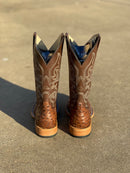 Men's Horse Power Top Hand Kango Tobacco Full Quill Ostrich square toe cowboy boots. These boots have a 13" chocolate shaft and a leather outsole. Rear view 