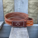 A brown leather work belt with white figure 8 stitching, leather buckle with prong closure. Front view.