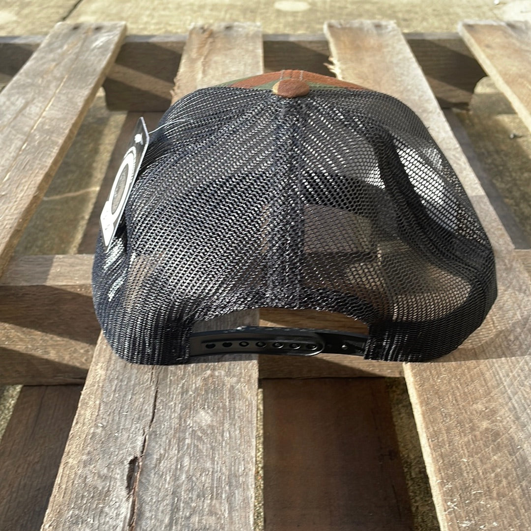 Camouflaged snapback cap with an embroidered American flag patch on the front and a Black mesh back. Rear View