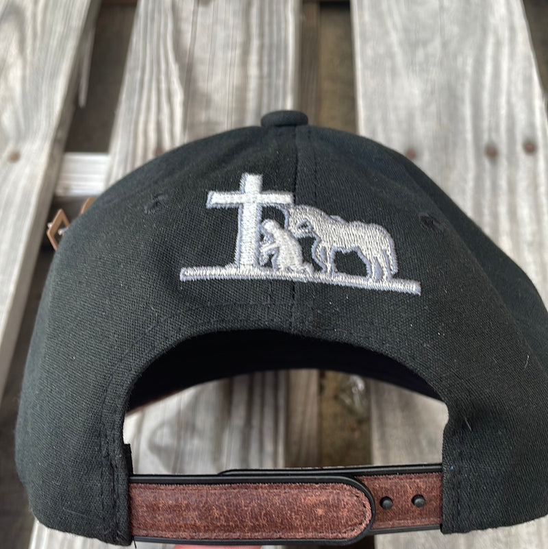 Cambridge Praying Cowboy Leather Patch/Leather Bill Black Snap Back Cap