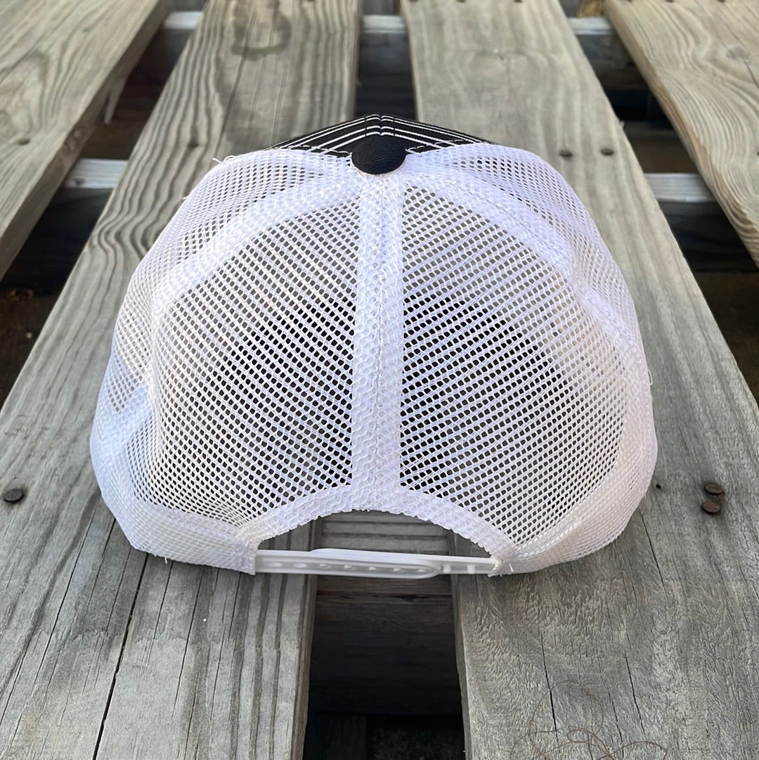 Black and White striped trucker cap with a Serape cactus patch, solid Black bill, and White mesh back. Rear View 