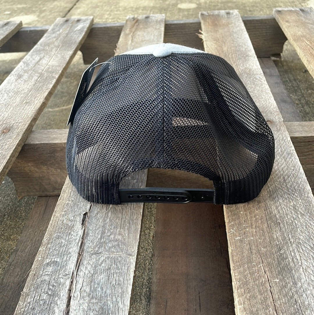 Heather Grey and Black snapback cap with an embroidered American flag patch on the front and a Black mesh back. Rear View 