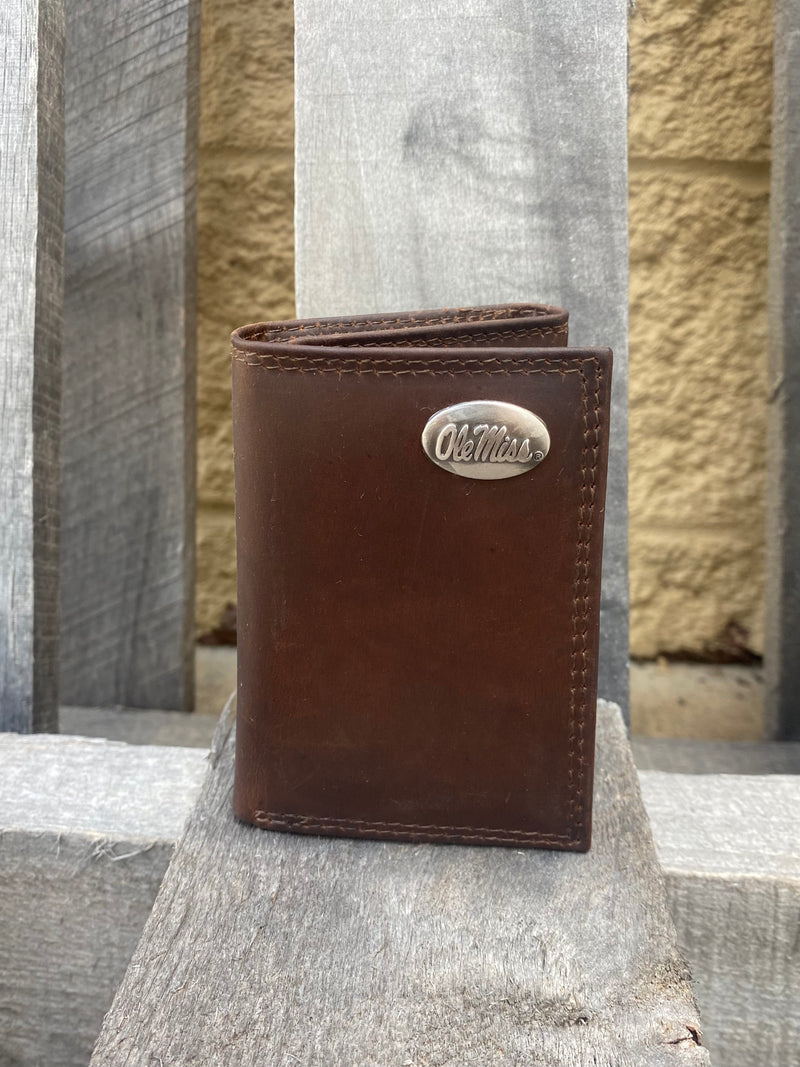Zep-Pro IWT2CRZH-OLEMISS University of Mississippi Brown “Crazy Horse” Leather Tri-fold Wallet