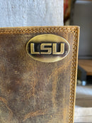 Zep Pro Louisiana State University Tigers Vintage Tan Leather Tall Wallet front view showing concho