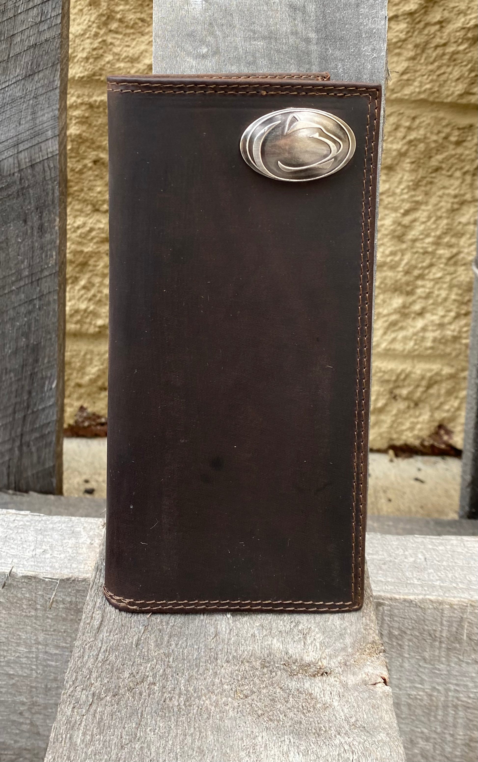 Zep-Pro Penn State University Nittany Lions Brown “Crazy Horse” Leather Tall Wallet with metal Nittany Lions logo concho in upper right corner. Front view