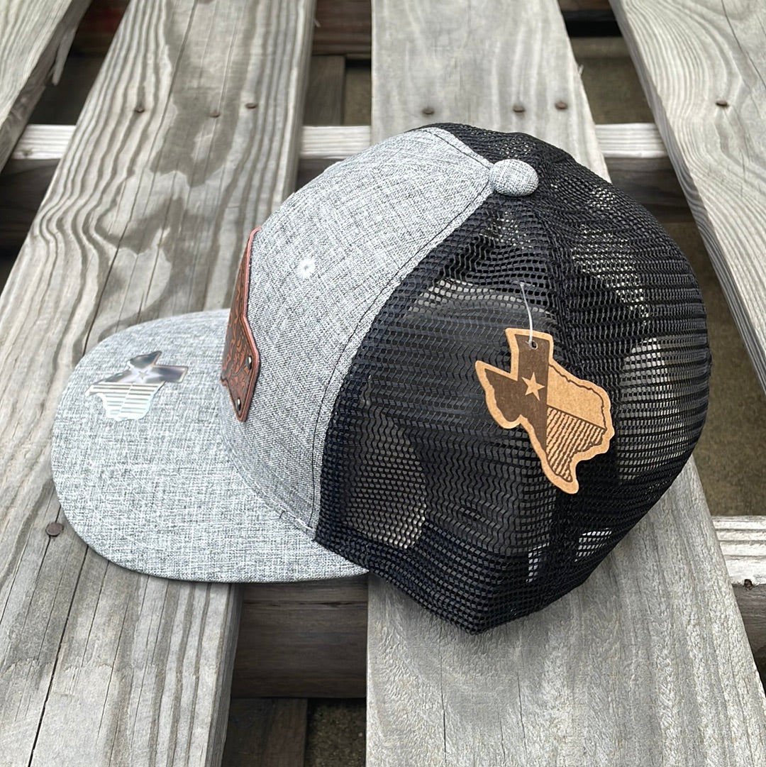 Heather Grey snapback cap with Black mesh back featuring a leather Bronc Rider patch. Side View 