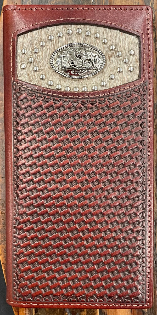 Top Notch Accessories HK5031CF Coffee Hair-On Basket Weave With Praying Cowboy Concho Wallet