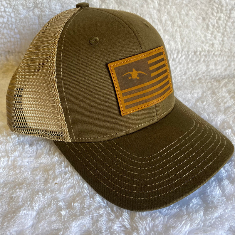 Duck Flag Leather Patch HW-DFP-OB Olive Green/Khaki Snap Back Trucker Cap
