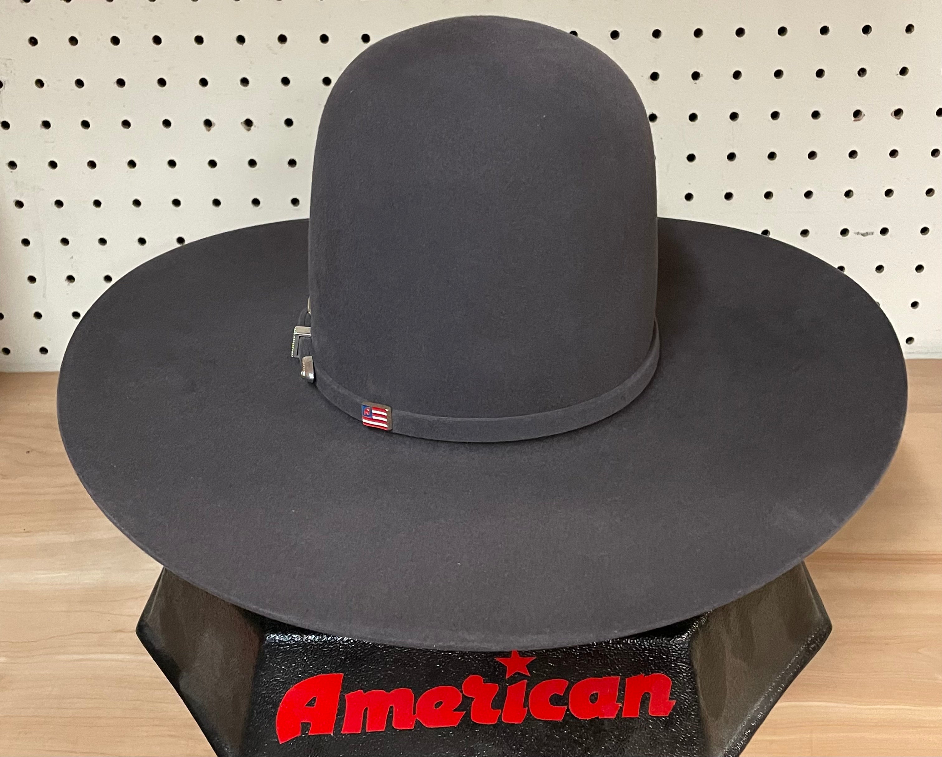 American Hat company open crown flat brim felt cowboy hat in Steel. Rear view