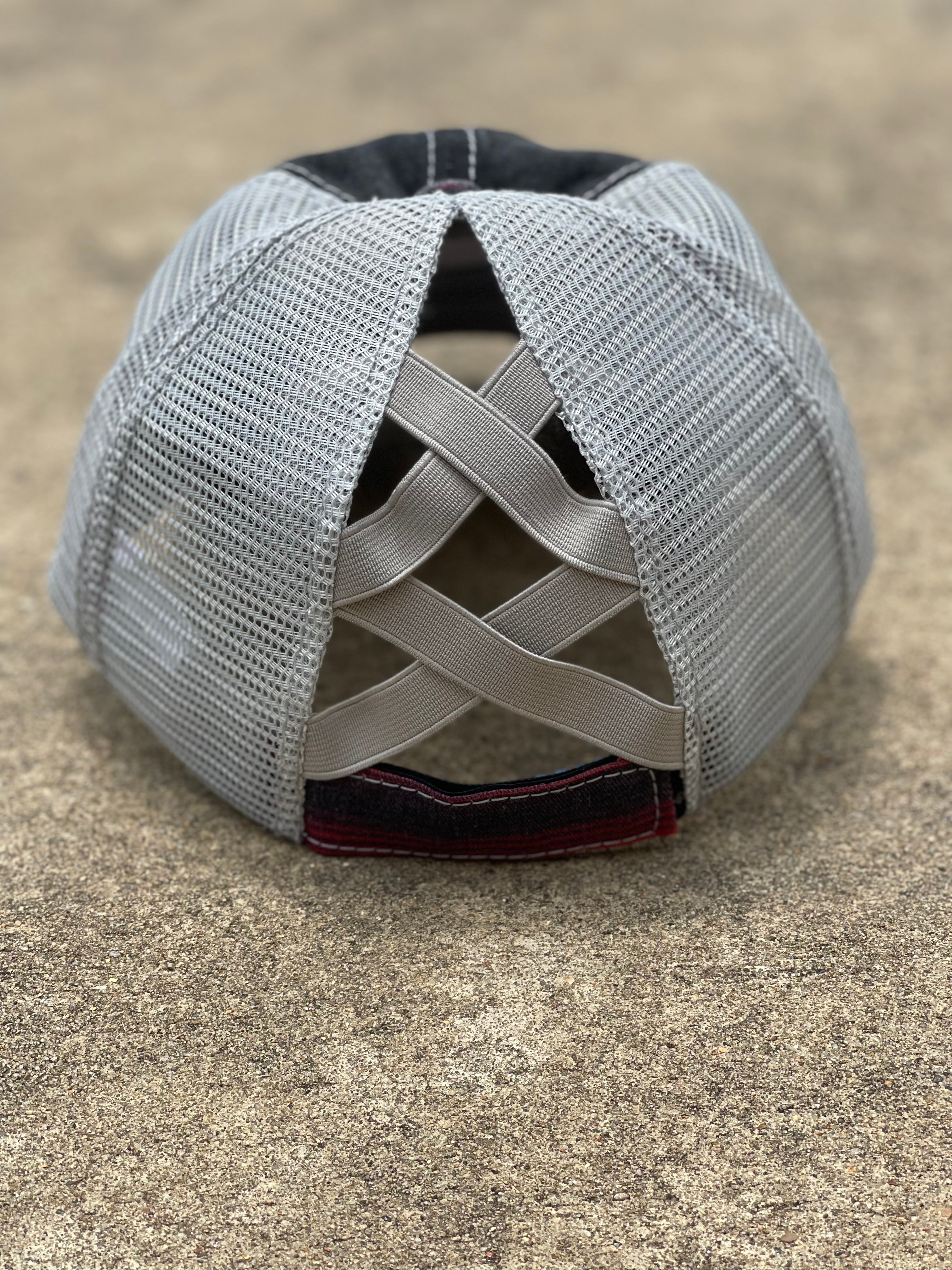 Serape brim, distressed black cap with grey mesh back featuring a crisscross stretch panel for your hair. Rear View 