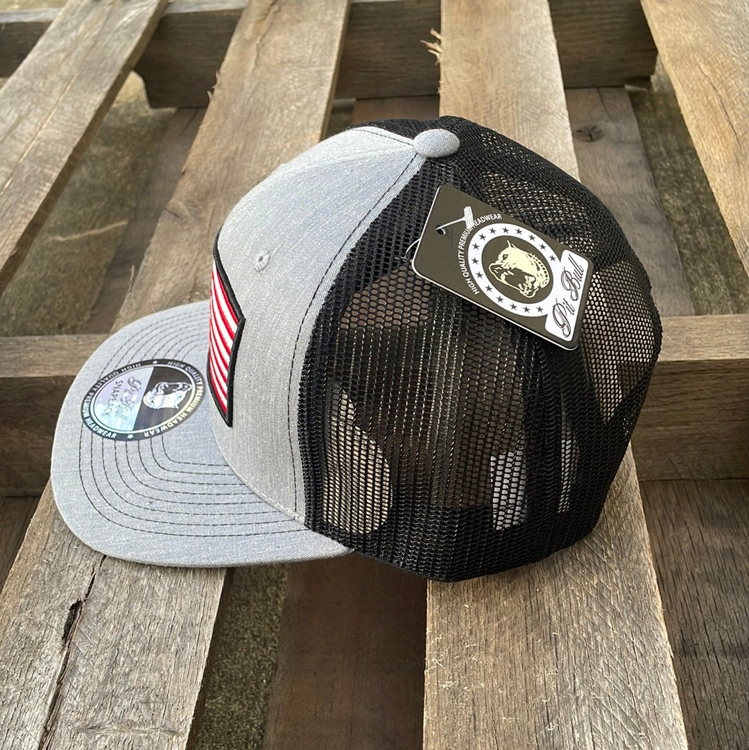 Heather Grey and Black snapback cap with an embroidered American flag patch on the front and a Black mesh back. Side View