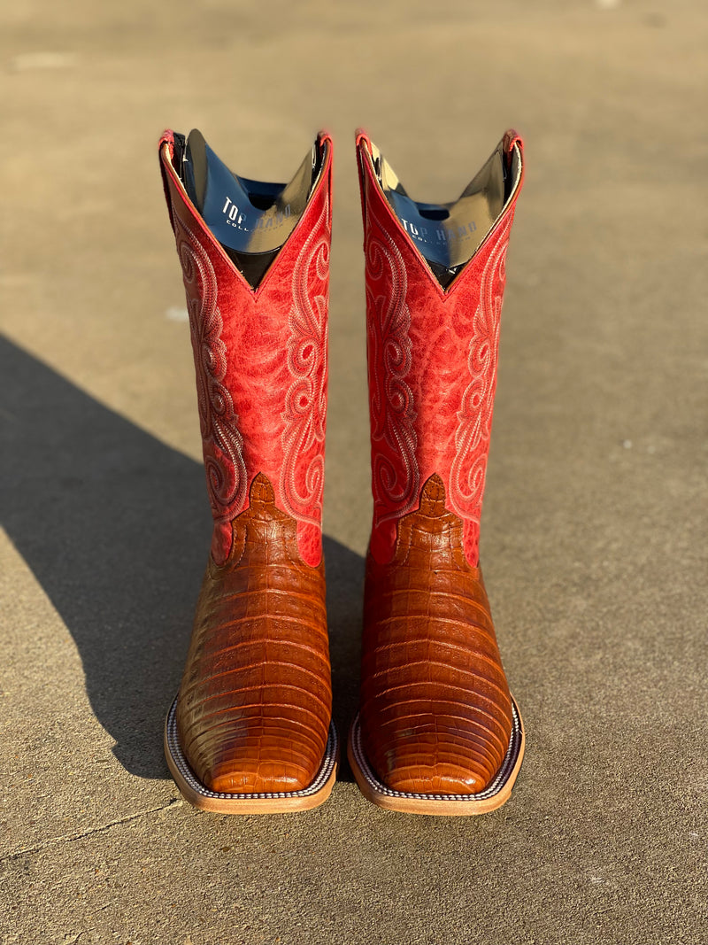 Men's Horse Power Top Hand HP8003 13" Brandy Caiman Belly with Red Sinsation Top Square Toe Boot (SHOP IN-STORE TOO)