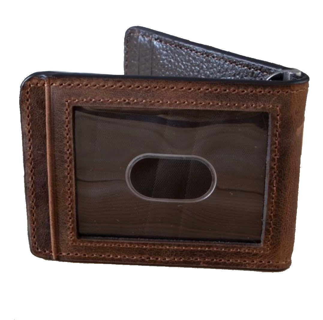 A distressed brown leather bi fold money clip wallet with an embossed USA flag and Ariat shield logo. Back view.