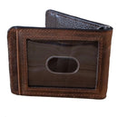 A distressed brown leather bi fold money clip wallet with an embossed USA flag and Ariat shield logo. Back view.
