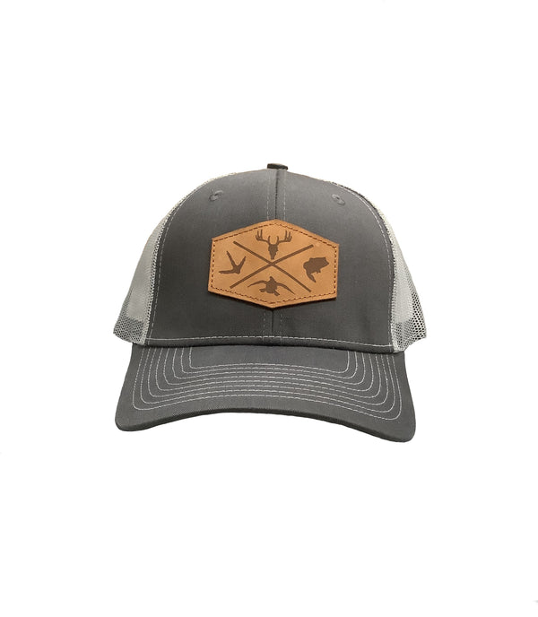 Hunters Logo Leather Patch HW-LOS-CLG Charcoal/Light Grey Snap Back Trucker Cap