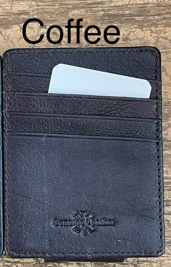 A brown full grain leather money clip from Top Notch Accessories, featuring seven total card slots. 