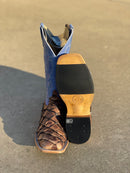 Men's Anderson Bean cowboy boots in cigar matte big bass and a royal sinsation top. Bottom view showing hybrid outsole. 