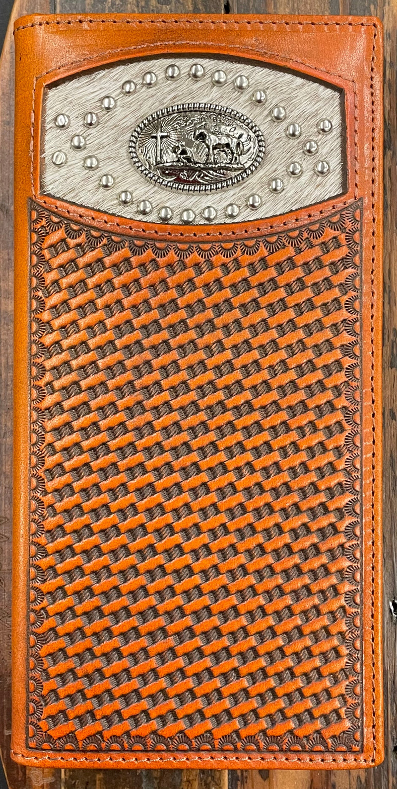 Top Notch Accessories HK5031BR Brown Hairon/Basket Weave w/Praying Cowboy Concho Wallet