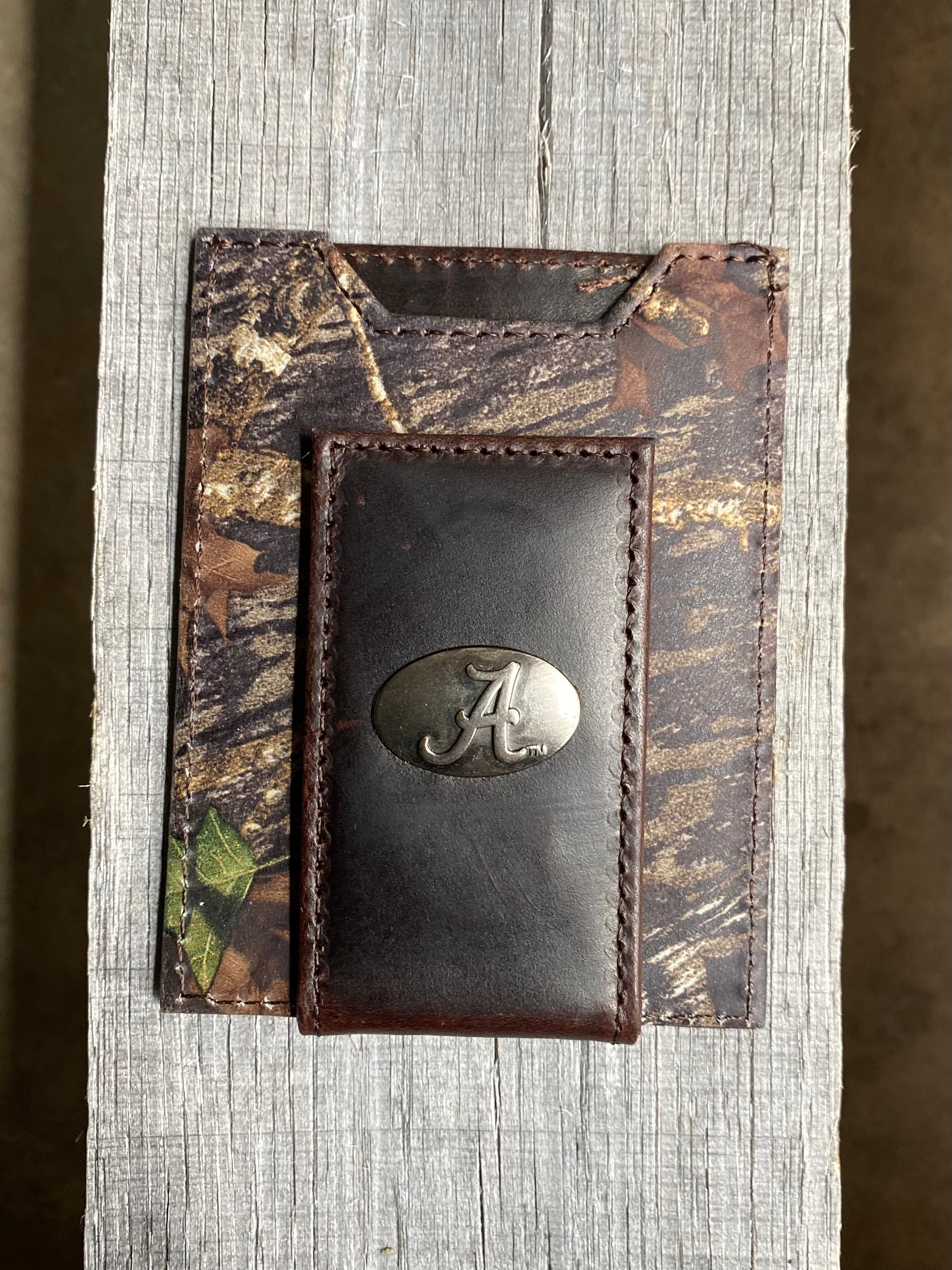 Zep Pro University of Alabama Mossy Oak Camo Leather Front Pocket Wallet with brass Alabama "A" logo concho on brown leather bill tab. Front view.