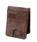 A distressed brown leather bi fold money clip wallet with an embossed USA flag and Ariat shield logo. Front view.