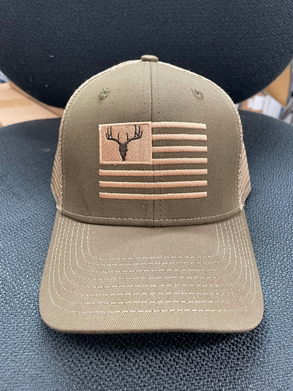 Deer Flag Embroidered HW-DFL-OB Olive Green/Khaki Snap Back Trucker Cap