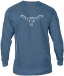 Back view of blue denim color long sleeve crewneck sweatshirt. White graphics across upper back show wording "Baby You Ain'tMy Brand of Cattle" following the top curve of a longhorn cow head.