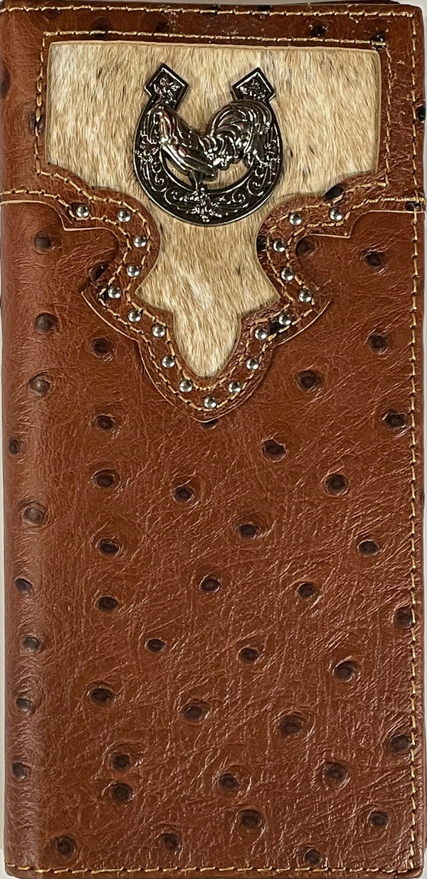 Top Notch Accessories 122BR Brown Full Quill Ostrich Print With Rooster Concho Wallet