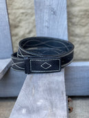 A black leather work belt with white figure 8 stitching, leather buckle with prong closure. Front view.