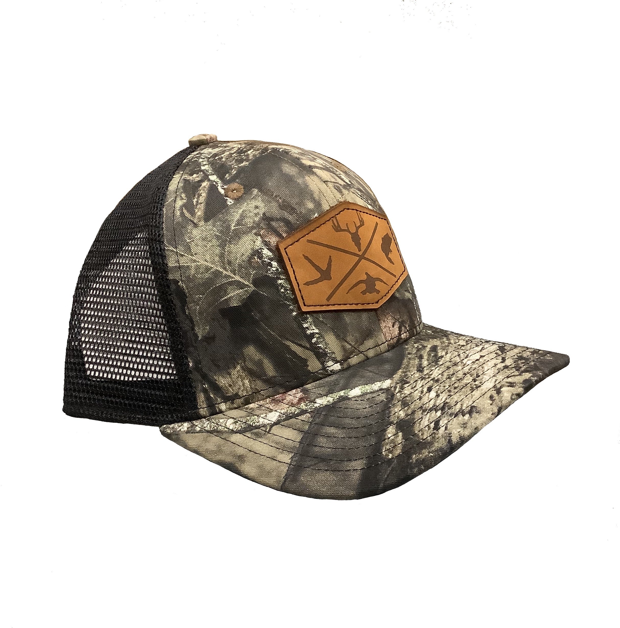 Hunters Logo Leather Patch HW-LOS-BUC-BLK Camo/Black Snap Back Trucker Cap