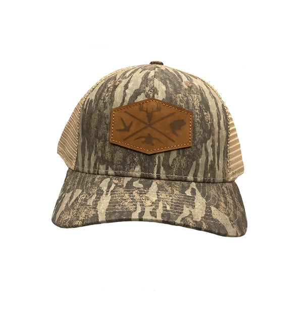 Hunters Logo Leather Patch FH-LOS-NBL-KHK Camo/Khaki Snap Back Trucker Cap