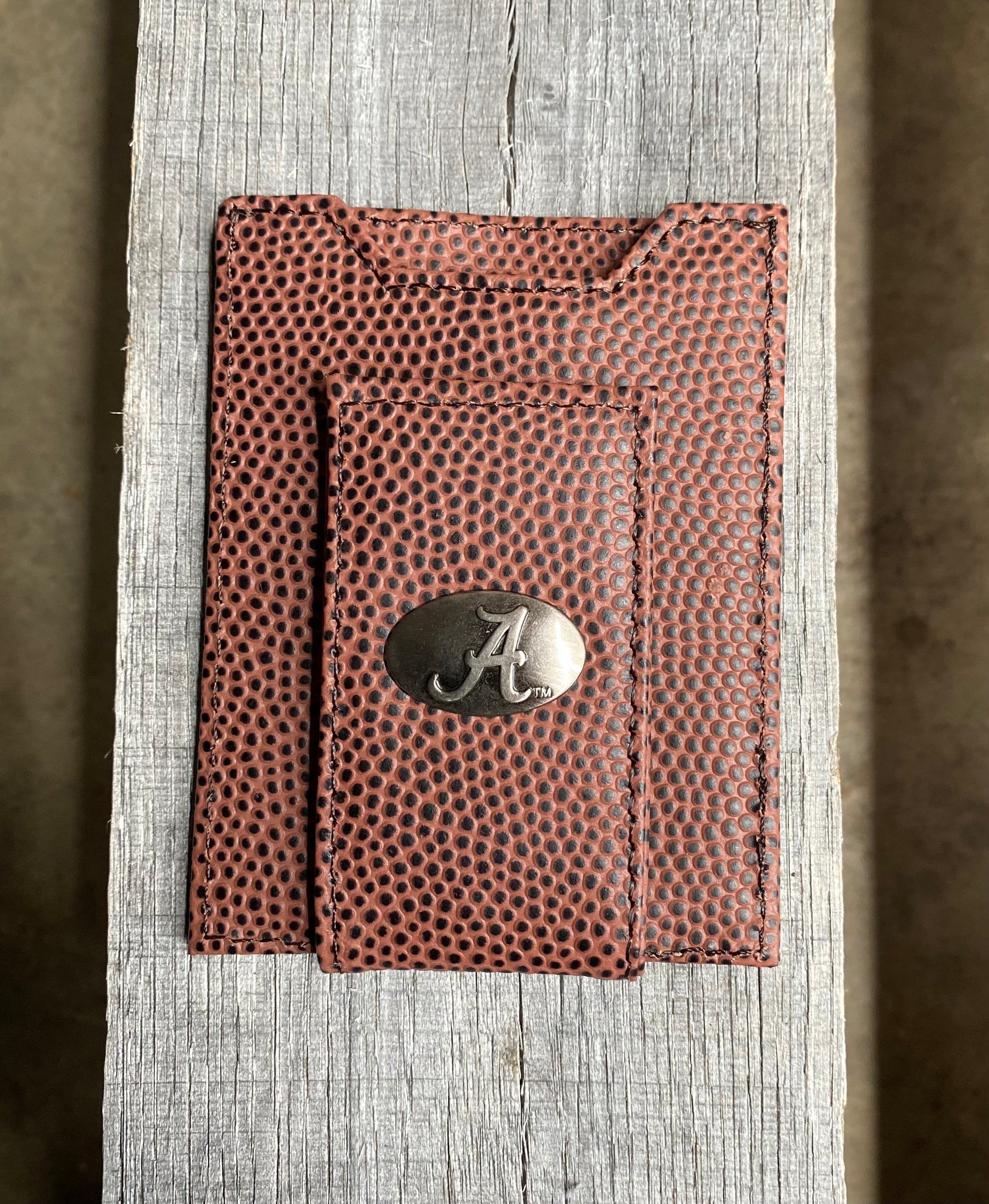 Zep Pro Alabama Brown Football Leather Front Pocket Wallet with brass "A" logo oval concho on bill closure tab. Front view.