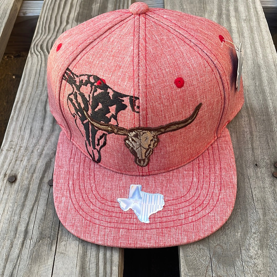 Heather Red snapback cap with a graphic of two longhorn steers on the front and a small longhorn on the rear. Front View