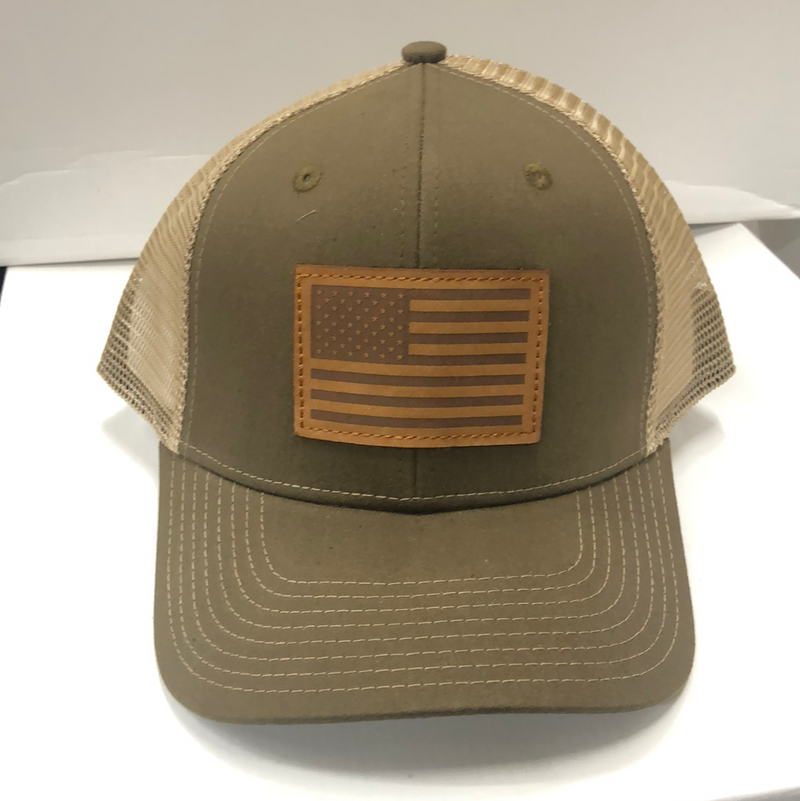 American Flag w/Leather Patch HW-LAF-OB Olive Green/Khaki Snap Back Trucker Cap
